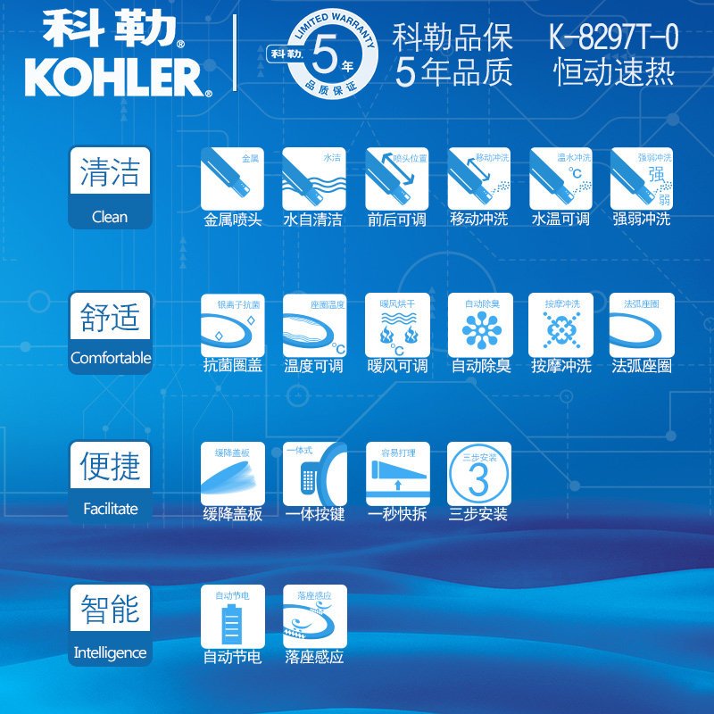 [苏宁自营]科勒智能马桶盖清舒宝C3-150电动坐便盖板洁身器K-8297T-0