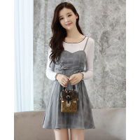 女韩版假两件长袖连衣裙修身显瘦系带拼接吊带裙秋季