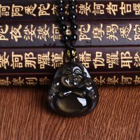 开光天然冰种黑曜石弥勒佛头吊坠男项链女情侣款笑面佛像项坠挂坠