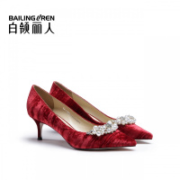 白领丽人秋新款金丝绒仿珍珠尖头细高跟鞋时装鞋欧美时尚女鞋