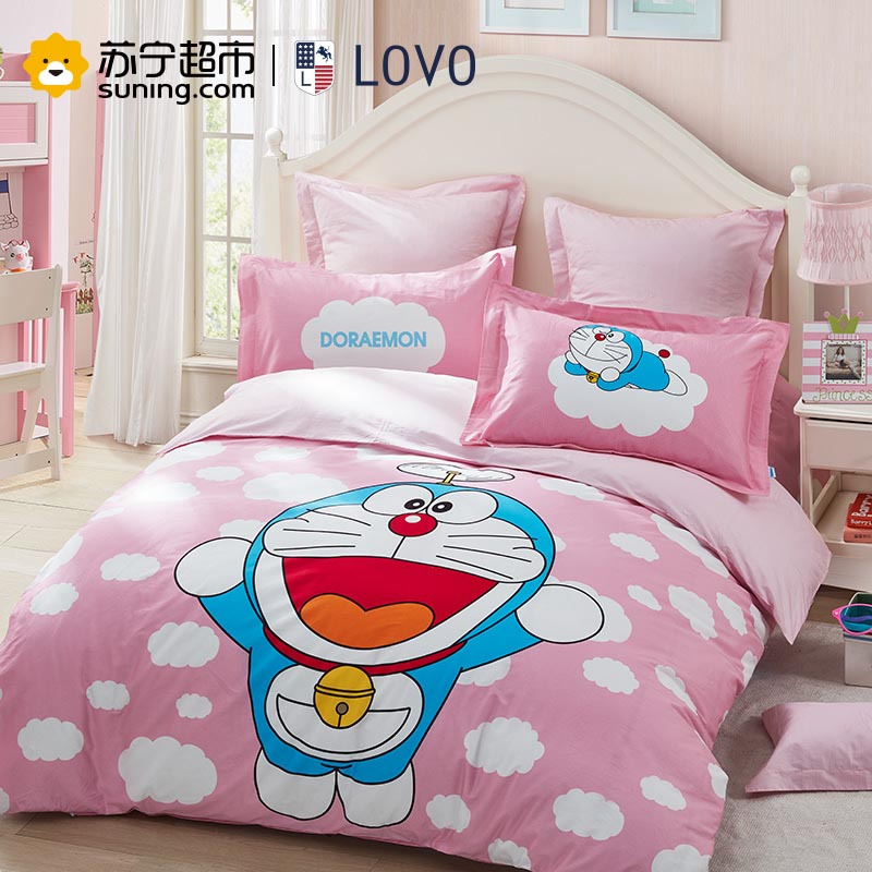 LOVO床品四件套 全棉斜纹印花 1.5米/1.8米床 卡通动漫 纯棉床上用品 床单被单被套 哆啦A梦系列套件