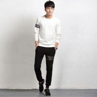 奇安达2017秋季休闲套头衫男运动长袖t恤套装薄百搭潮卫衣套装男 917