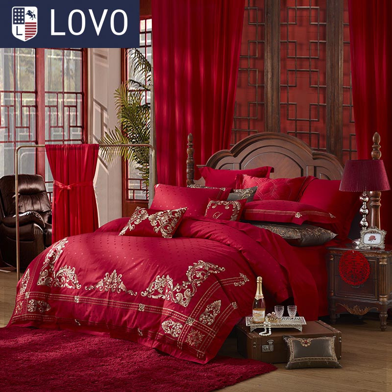LOVO家纺床上用品 床品套件大提花婚庆六件套