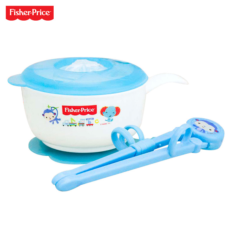 Fisher Price 费雪单柄吸盘碗辅食碗婴儿吃饭碗宝宝筷子学习训练筷碗筷套装 FP-8034B 蓝色