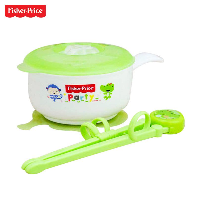 Fisher Price 费雪单柄吸盘碗辅食碗婴儿吃饭碗宝宝筷子学习训练筷碗筷套装 FP-8034D 绿色图片