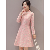 丝柏舍2018年秋季A字裙新款复古纯色小碎花立领长袖修身连衣裙S73R0164L