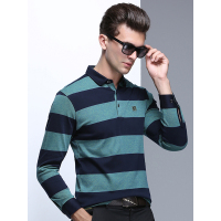卡帝乐鳄鱼长袖T恤男中年2017秋季宽松翻领条纹纯棉打底衫KDL8812