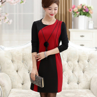 猫人(MiiOW)妈妈装秋装大码拼接色连衣裙中老年女装圆领长袖裙子中长款包臀裙