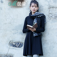 茵曼秋冬新款百搭长袖修身连衣裙女收腰显瘦a字裙中长裙打底裙子1863101662