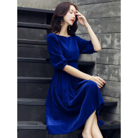 丝柏舍2018秋季新款女士轻熟风百褶裙七分灯笼袖纯色圆领丝绒连衣裙S73R0231L