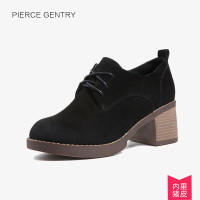 皮尔世绅女鞋2017春季新款英伦风单鞋真皮系带高跟鞋复古粗跟鞋子黑色