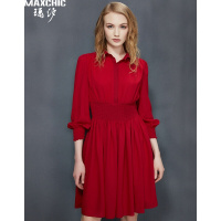 衬衫裙褶皱束腰翻领长袖大A摆连衣裙MD21610145