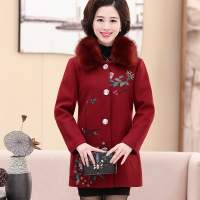 猫人(MiiOW)中老年女装妈妈装秋装新款加厚呢子大衣精美花鸟图案毛呢外套
