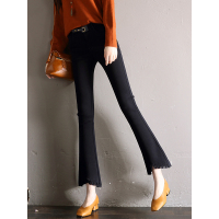 轩兹黑色休闲裤女2017秋装新款打底裤外穿韩版修身毛边微喇九分裤 XZ-09X8818