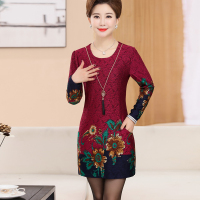 猫人(MiiOW)中老年女装妈妈装秋装连衣裙子秋新款定位花长袖圆领妇女裙装