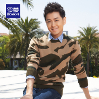 Romon/罗蒙男士迷彩毛衣圆领套头纯羊毛衫直筒春秋外套