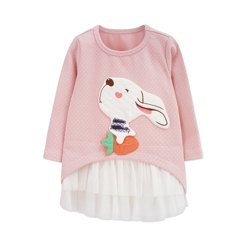 女童韩版可爱兔波点圆领长袖拼接连衣裙 2色可选 80-120cm