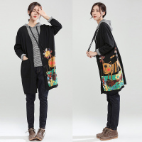 初逊秋毛圈卫衣卡通印花中长款蝙蝠袖开衫简约文艺显瘦风衣