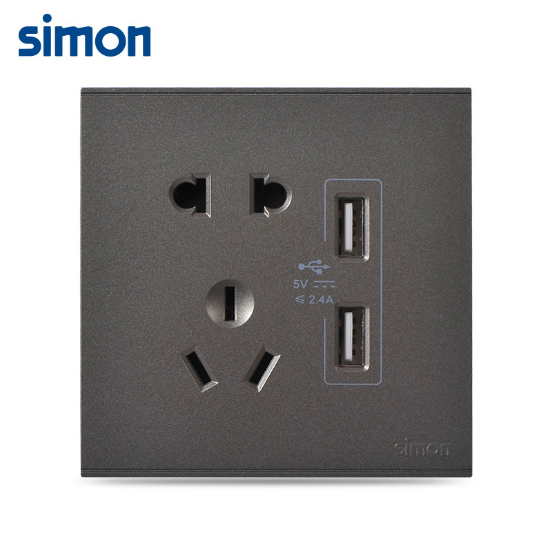 西蒙(simon)开关插座86型E6系列荧光灰五孔带USB 5V充电插座72E724-61