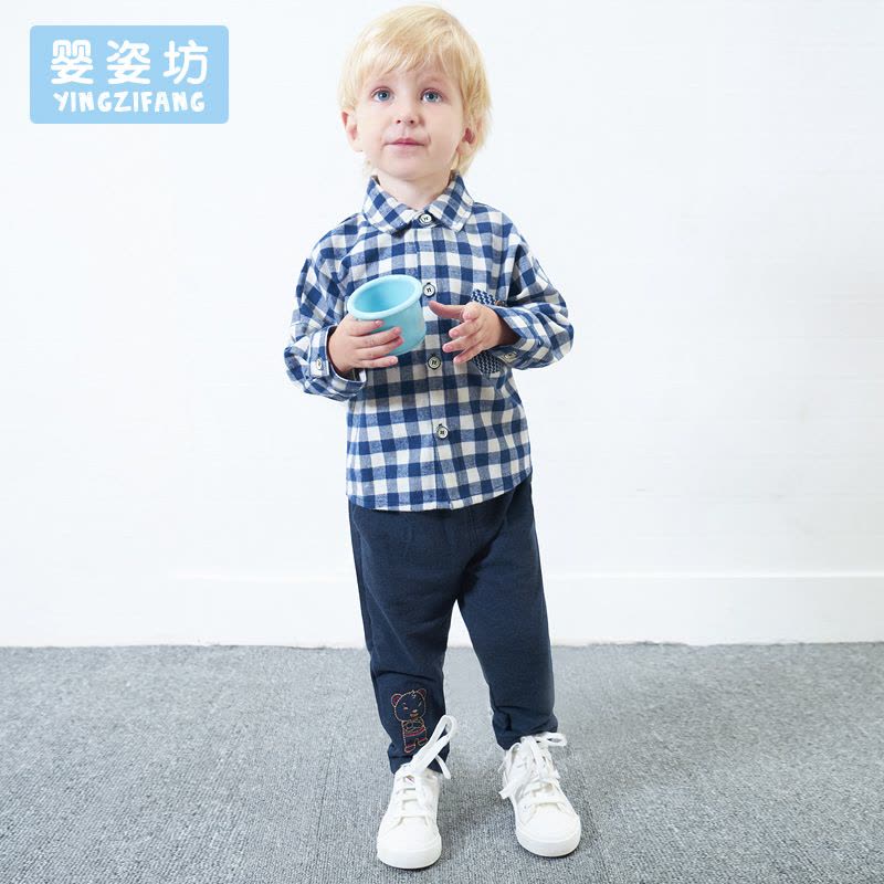 苏宁自营 婴姿坊男童经典格子衬衣套装休闲童装两件套 宝蓝色 80-120cm 1-6岁宝宝图片