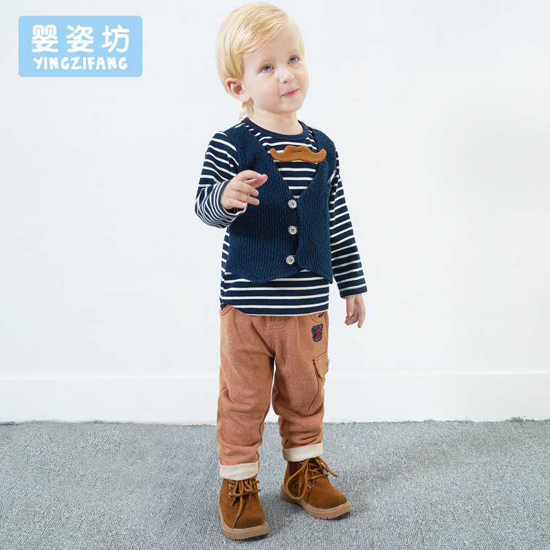 苏宁自营 婴姿坊男童条纹假两件小马甲套装童装休闲两件套 宝蓝色