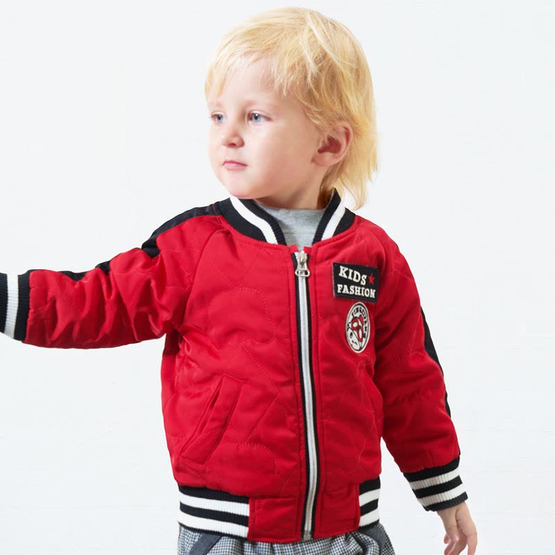 婴姿坊男童运动休闲夹棉时尚绣花防风拉链衫童装外套 红色图片