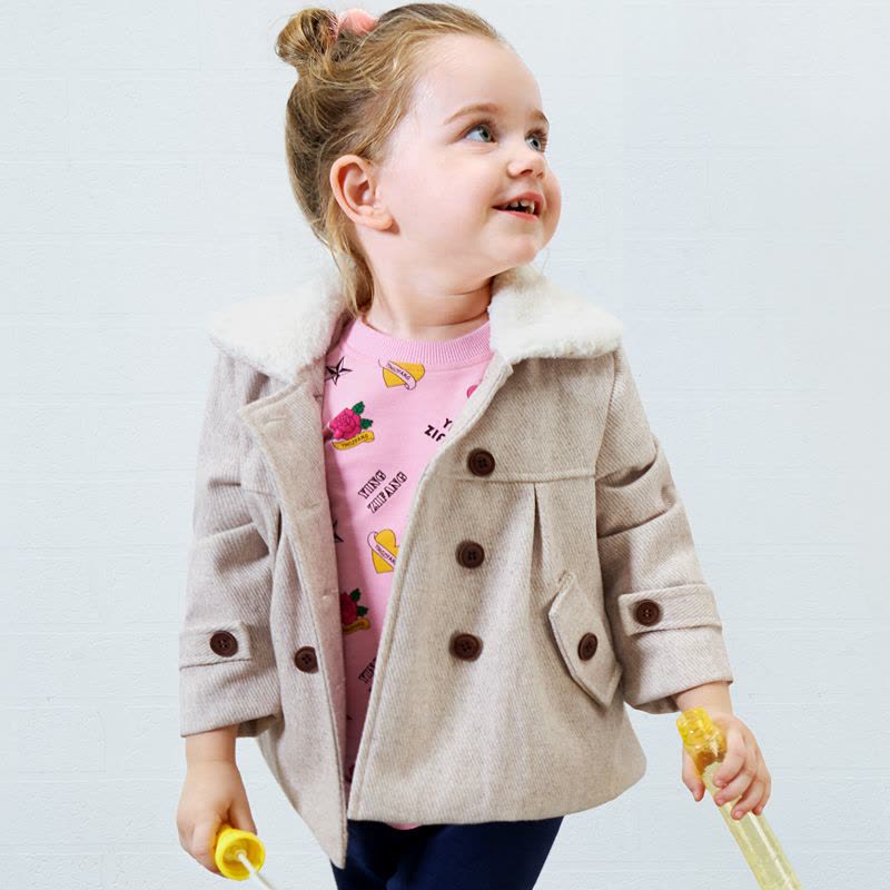 婴姿坊女童毛毛领时尚英伦风双排扣尼子外套 杏色 80-120cm图片