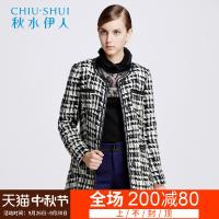 秋水伊人冬装新款英伦黑白格纹单排暗扣优雅大衣外套F185