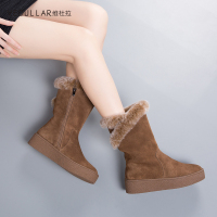 维杜拉(Vedullar)冬季侧拉链内增高真皮雪地靴女时尚厚底松糕坡跟中筒靴棉靴子