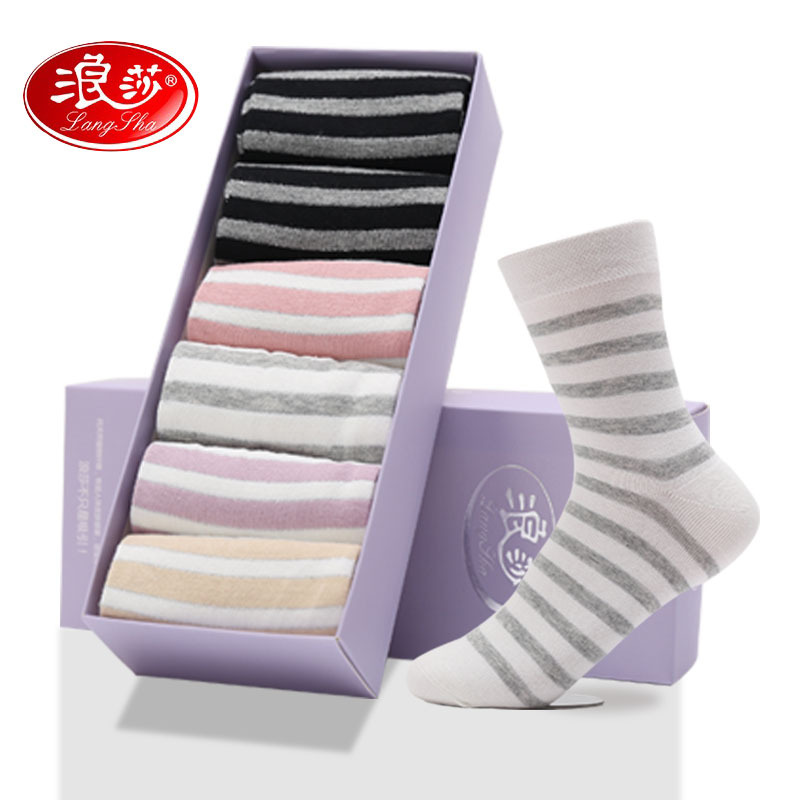 浪莎(LangSha) 100%棉礼盒6双装女袜 棉袜 MF4537-6 (盒*6双)