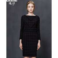 一字领长袖织带拼接修身格纹连衣裙MD21610007