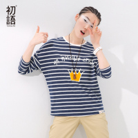 初语2017秋宽松印花条纹长袖T恤圆领印花体恤女