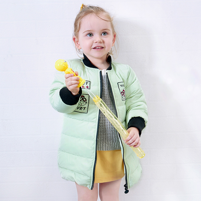 婴姿坊女童中长款纯色羽绒服 防风保暖棉外套 3色可选 80-120cm 1-6岁 含90%白鸭绒