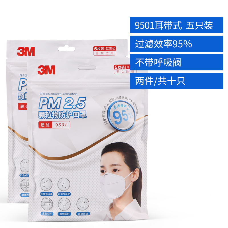 3M口罩KN95级防护防雾霾PM2.5防尘易呼吸口罩 成人男女通用防护口罩耳塞式9501 2包共10只