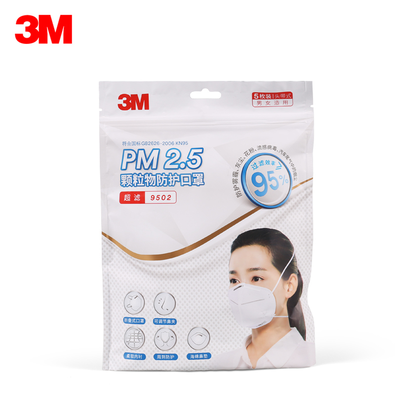 3M口罩KN95级防护防雾霾PM2.5防尘易呼吸口罩 成人男女通用防护口罩头戴式9502 2包共10只