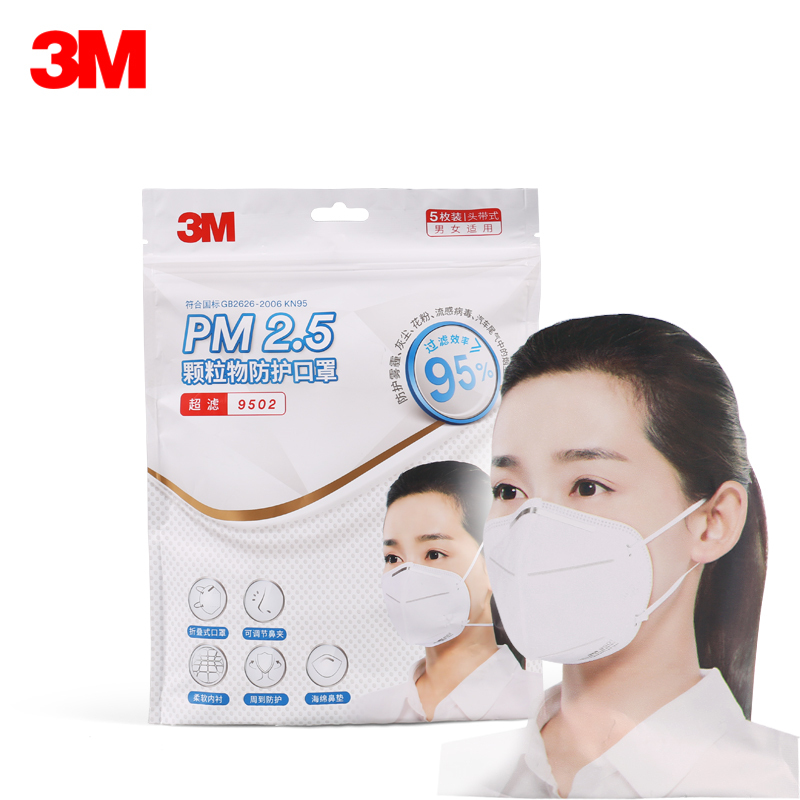 3M口罩KN95级防护防雾霾PM2.5防尘易呼吸口罩 成人男女通用防护口罩头戴式9502 2包共10只