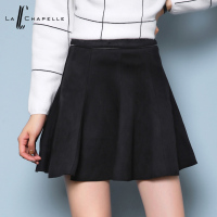 拉夏贝尔2017秋冬新款梭织百褶假鹿皮黑色半身裙10008999