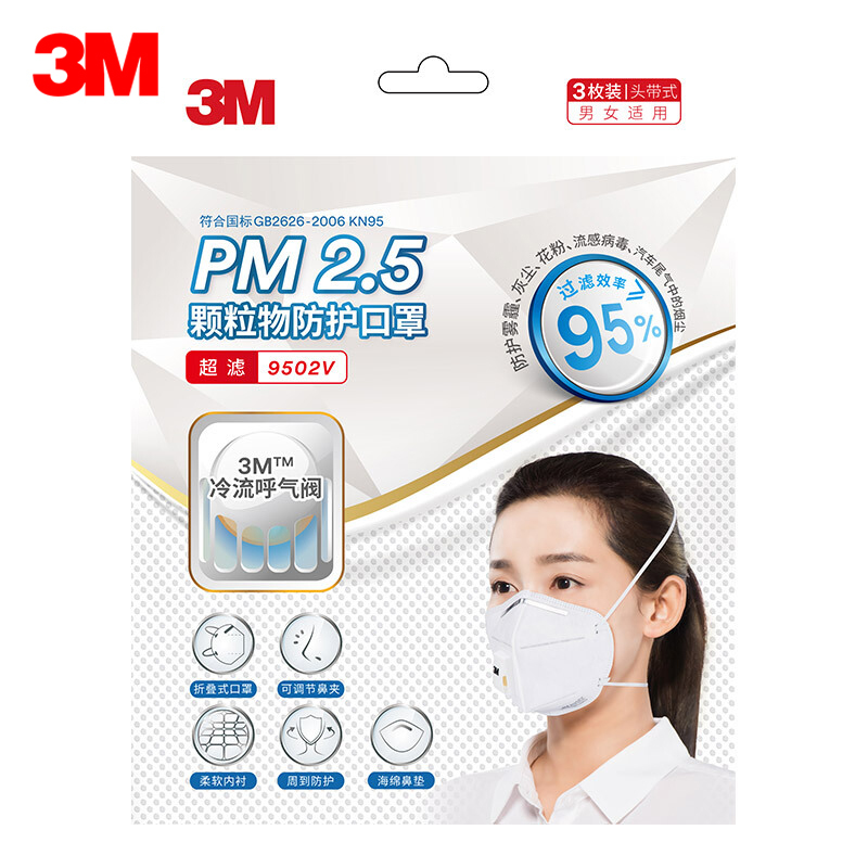 3M口罩KN95级防护防雾霾PM2.5防尘易呼吸口罩 成人男女通用带呼吸阀透气防护口罩头戴式9502V 1包