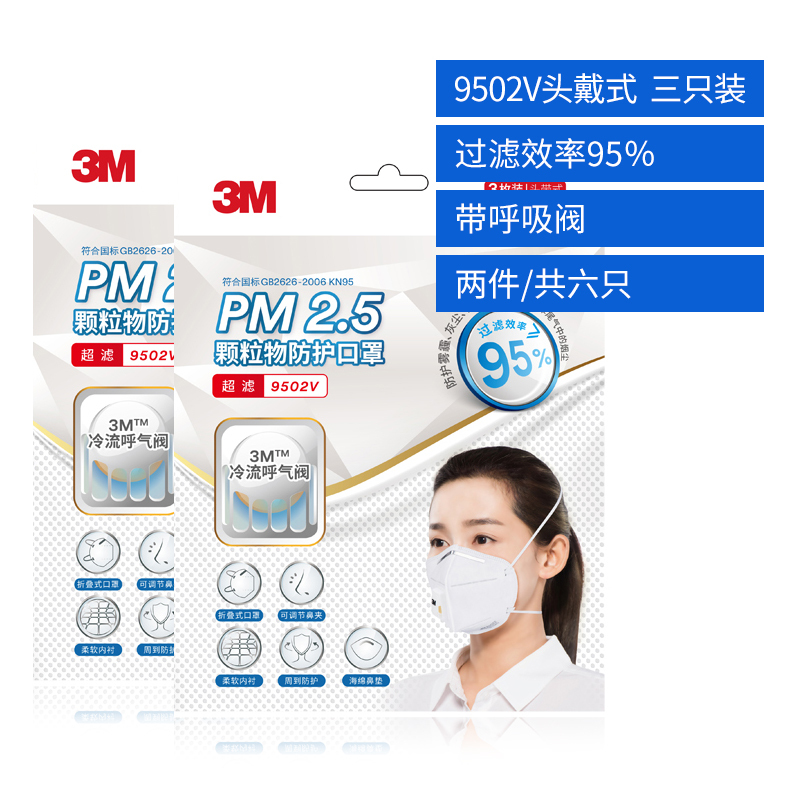 3M口罩KN95级防护防雾霾PM2.5防尘易呼吸口罩 成人男女通用带呼吸阀透气防护口罩头戴式9502V 2包共6只