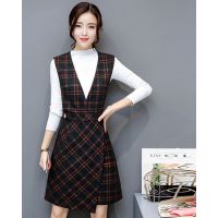 2017秋装新款韩版长袖格子连衣裙套装时尚休闲两件套裙8306#