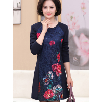 猫人(MiiOW)中老年女装妈妈装秋装新款长袖圆领修身连衣裙40-49岁中年女裙子