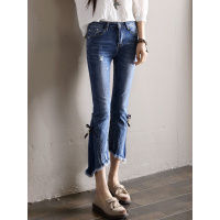 轩兹高腰微喇牛仔裤女破洞修身九分裤2017秋季新款韩版毛边喇叭裤