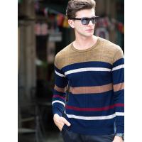 卡帝乐鳄鱼男士100%羊毛衫圆领条纹加厚保暖毛衣KDL7687