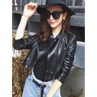 LUORUIR2017年秋季长袖薄款短款修身粘胶醋纤通勤拉链皮衣3069-6101-P88