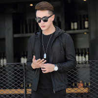 2017新款真皮皮衣绵羊皮皮衣短款修身连帽真皮夹克男海宁皮衣外套