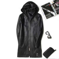 2017海宁新款真皮皮衣男中长款连帽男士皮衣绵羊皮外套修身男装