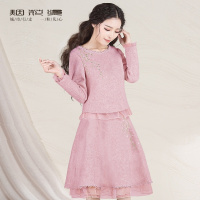 烟花烫2018秋装新款女装气质修身绣花上衣+半身裙套装 契善喜善3731720