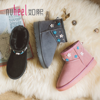 如熙雪地靴秋冬季新款女靴子真牛皮加绒女棉靴短靴短筒女鞋