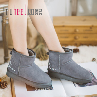 如熙雪地靴秋冬季新款真牛皮短靴平底女鞋圆头女靴加绒靴子