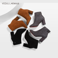 维杜拉真皮中跟粗跟加绒短靴子尖头马丁靴女高跟磨砂单靴秋冬英伦裸靴潮